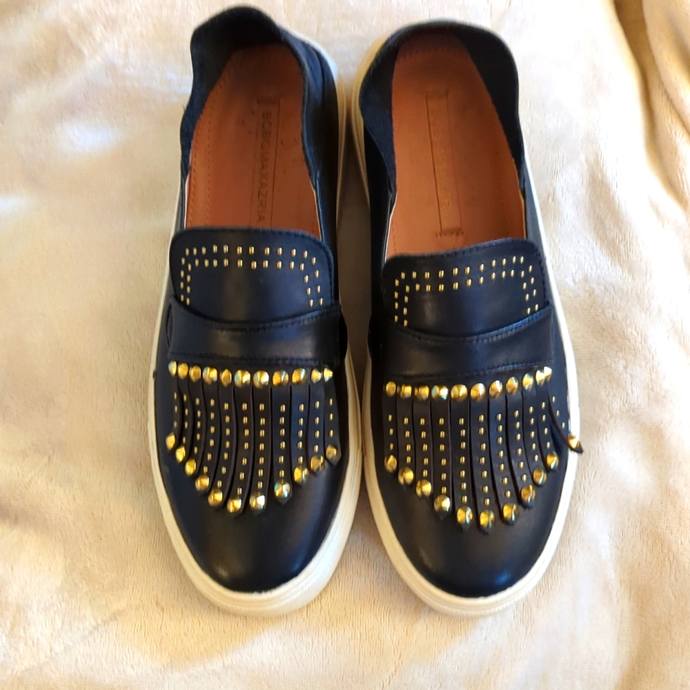 BCBGMAXAZRIA Dita black and gold leather slip on sneakers